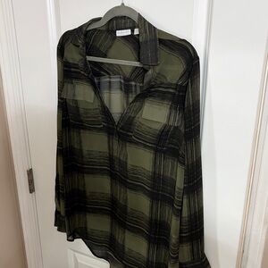 New York & Company Green and Black Plaid Blouse